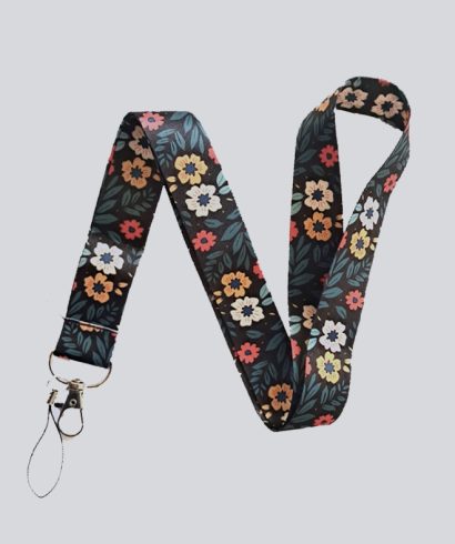 Lanyard con diseño Flores en fondo negro