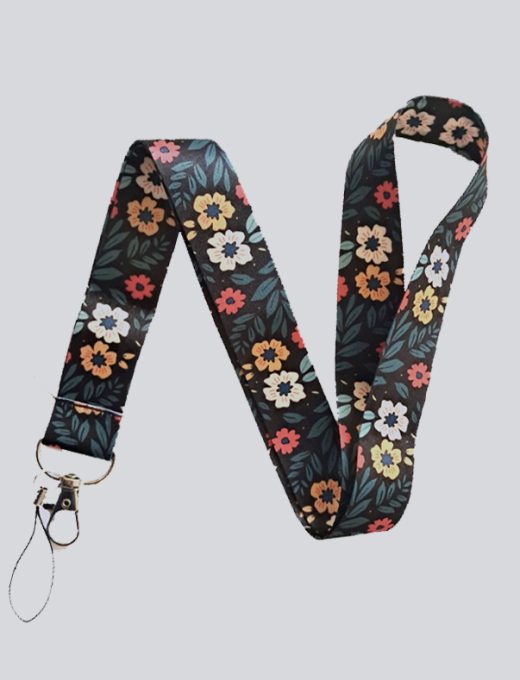 Lanyard con diseño Flores en fondo negro