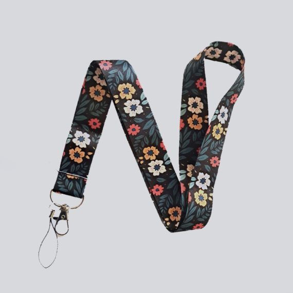 Lanyard con diseño Flores en fondo negro